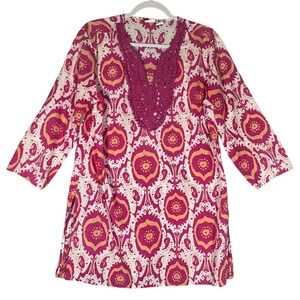 Boo Gemes Tunic Top Sz M Pink Ikat Crochet Lace VNeck 100% Cotton Beachy Coverup